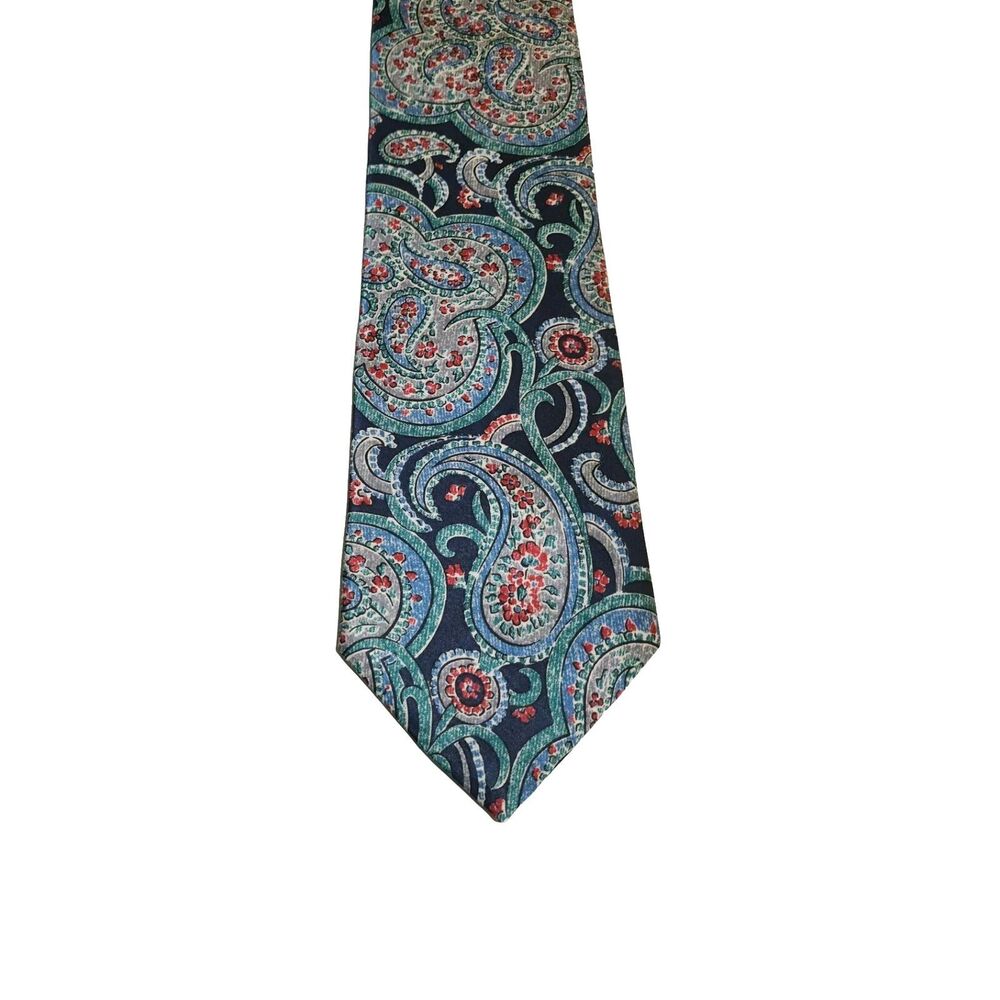 Christian Dior Monsieur Mens All Silk Tie 4"x57" Paisley Blue Grey Green Red USA